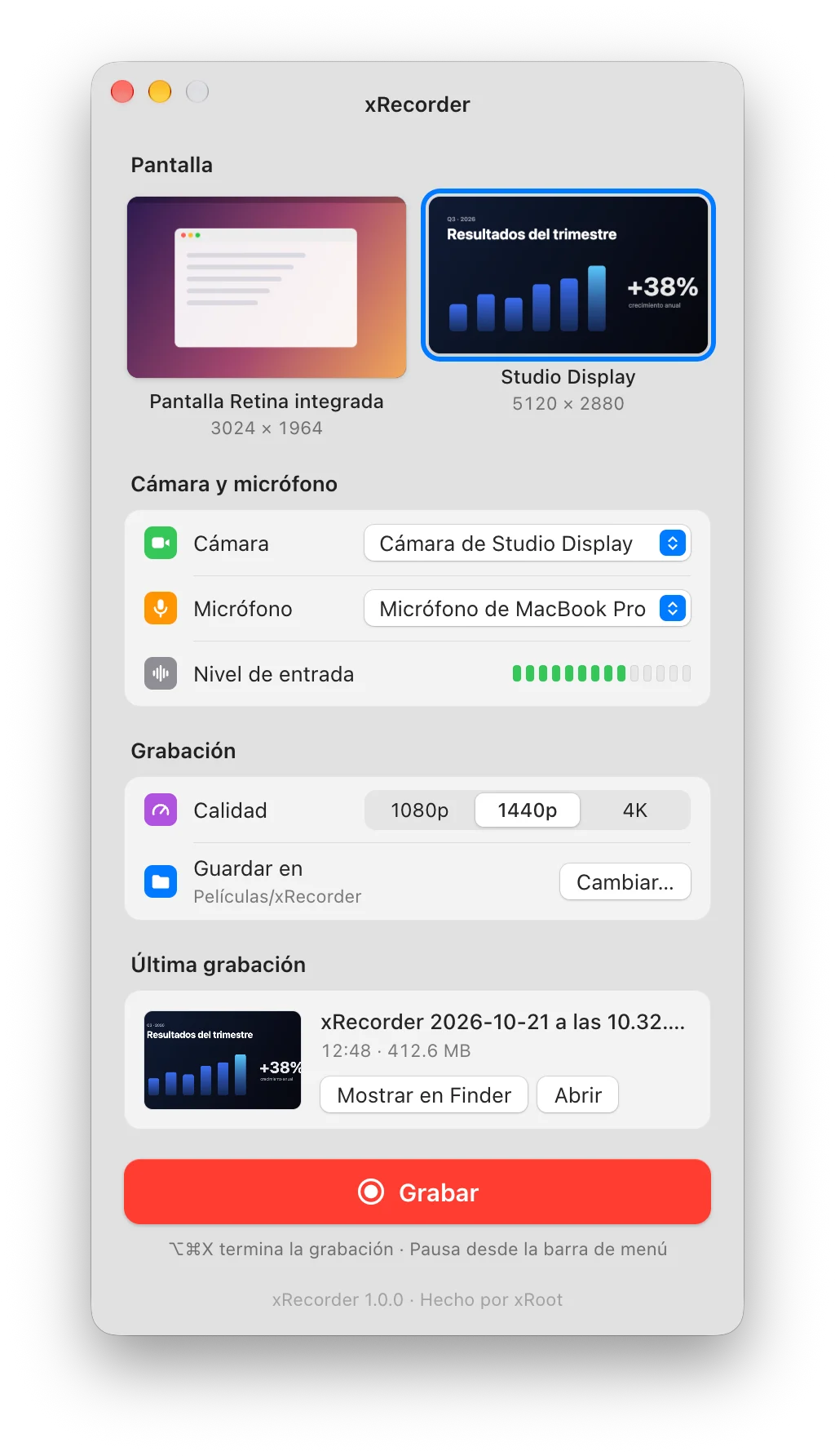 Panel de xRecorder en modo claro